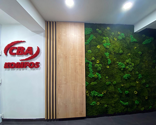 Lamelová frézovaná stena s logom a stenou z machu